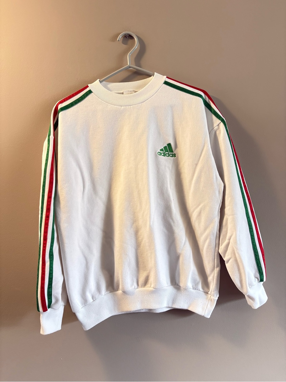90s Adidas women’s  White Crewneck Sweatshirt with Green & Red Stripe